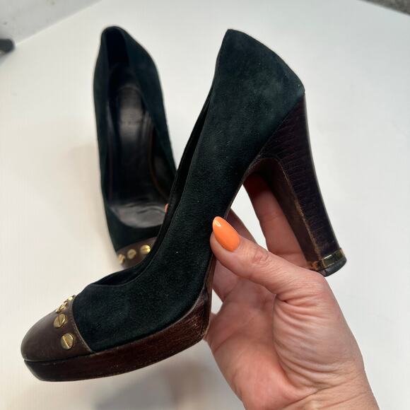 Tory Burch Black Leather Cap Toe Studded Platform Pumps - Picture 3 of 9